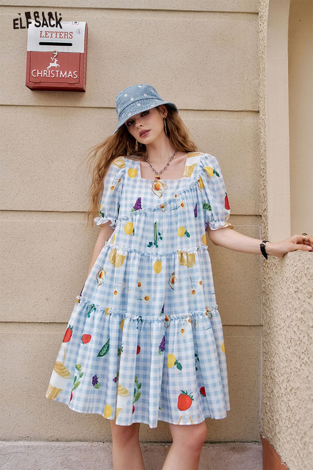 ELFSACK Fruit Print Blue And White Checkered Bubble Sleeve Chic Dress
