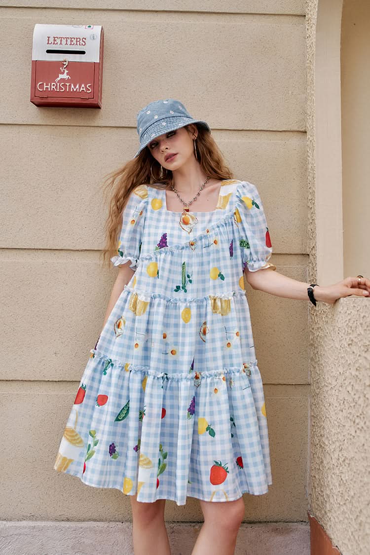ELFSACK Fruit Print Blue And White Checkered Bubble Sleeve Chic Dress