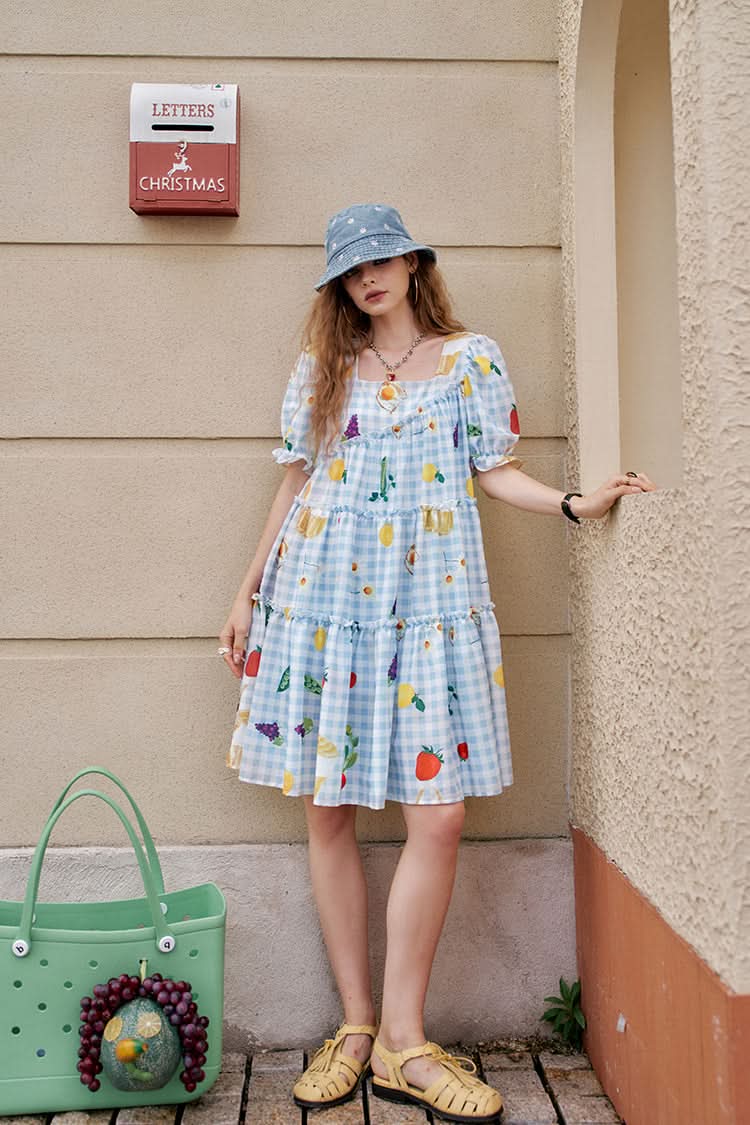 ELFSACK Fruit Print Blue And White Checkered Bubble Sleeve Chic Dress