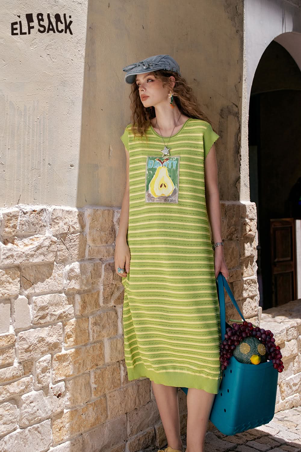 ELFSACK Fruit Printed Striped Casual Sleeveless Vest Dress