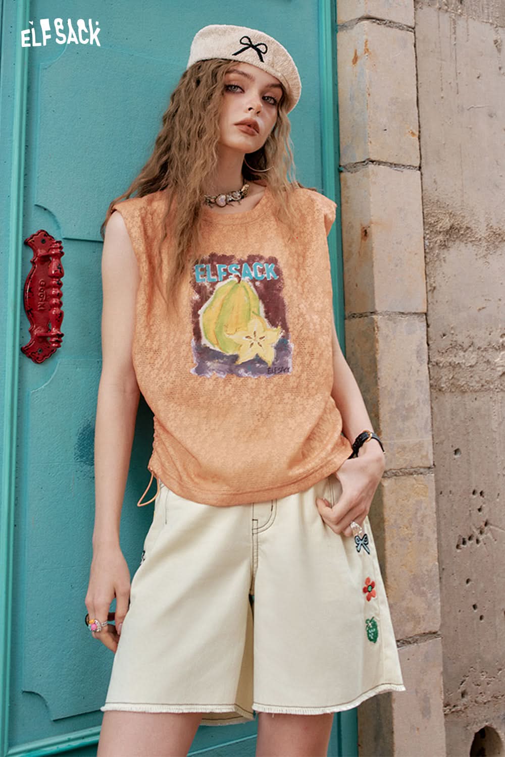 ELFSACK Fun Embroidery High Waisted Denim Chic Shorts