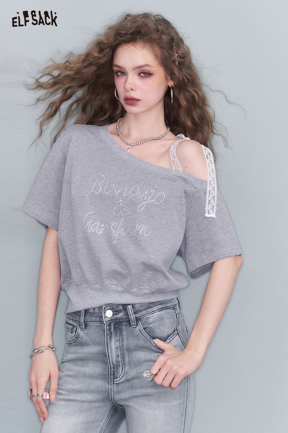ELFSACK Gray Lace Strapless T Shirt
