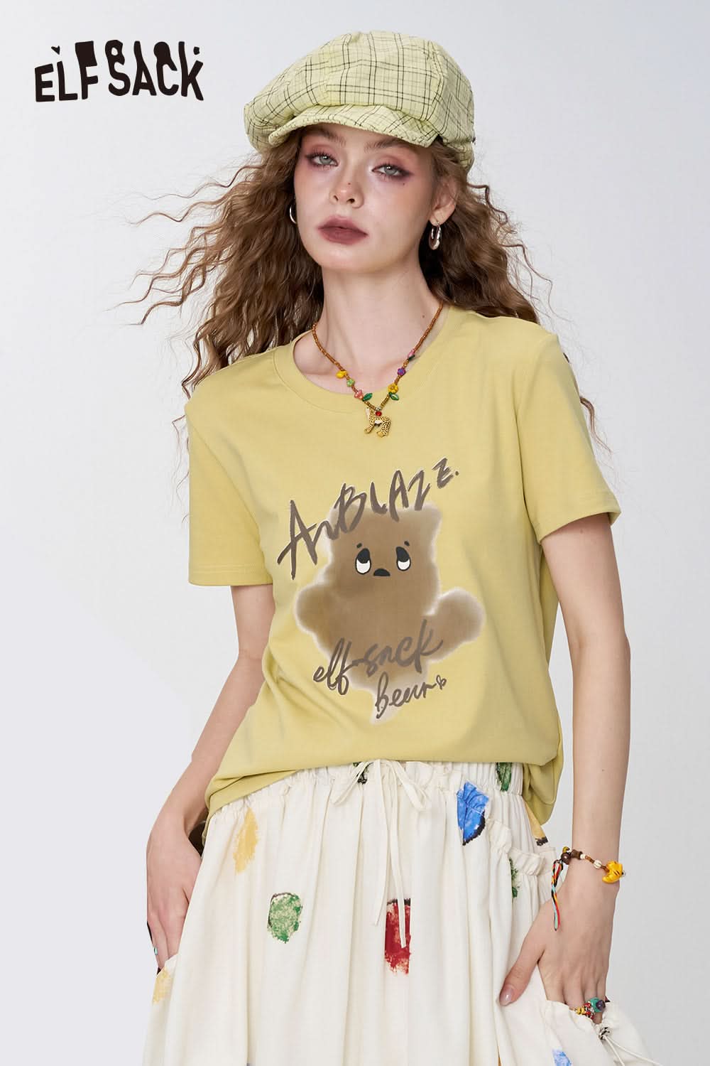 ELFSACK Grey Printed Square Shoulder Short Sleeve T-Shirt