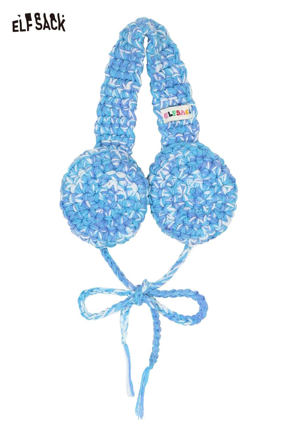 ELFSACK hand-knitted ear warmers in blue with a unique braided design and tie closure for comfort