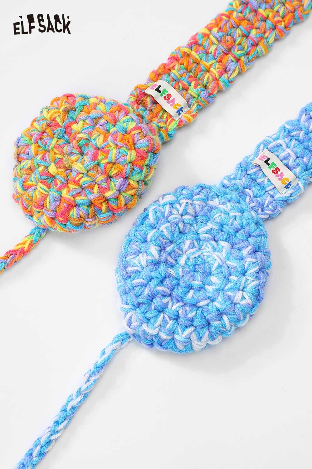 Colorful hand-knitted ear warmers by ELFSACK with vibrant patterns and unique design
