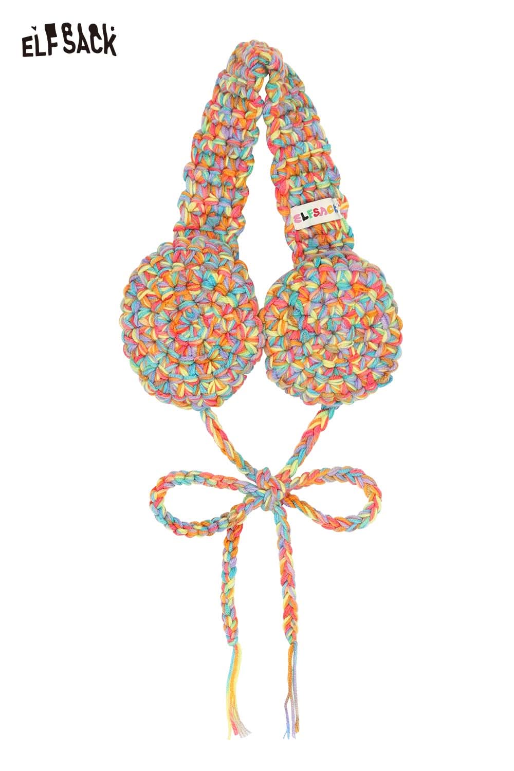 Colorful hand-knitted ear warmers by ELFSACK with a playful design and braided tie for warmth