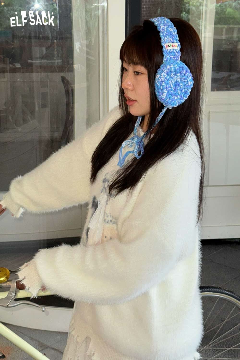 ELFSACK hand-knitted ear warmers in blue, perfect for winter fashion and keeping warm