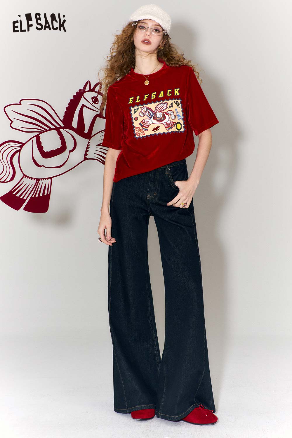 ELFSACK high waist flare leg jeans featuring a loose fit with a stylish design for casual wear