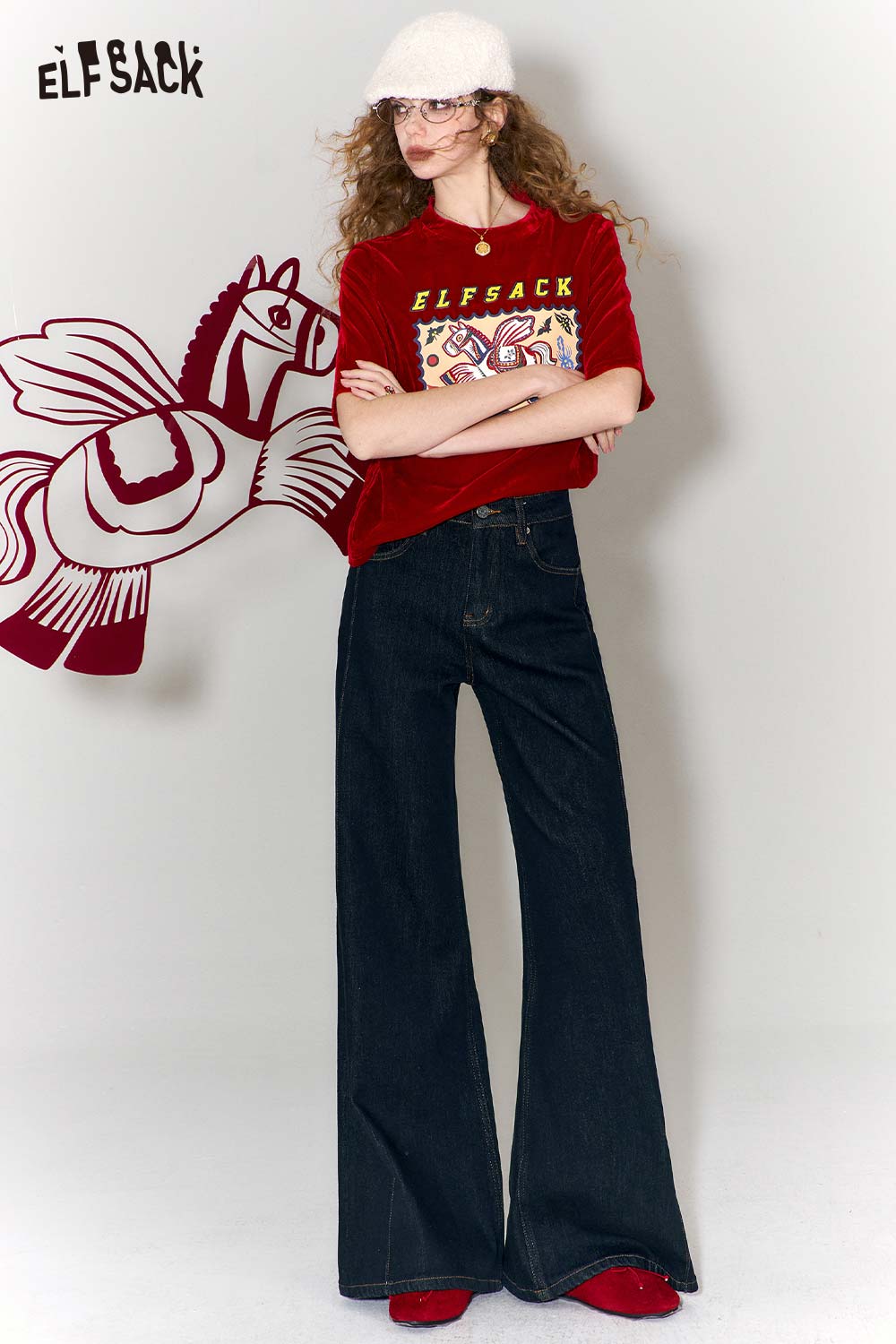 ELFSACK high waist flare leg jeans in dark denim with a relaxed fit and stylish design