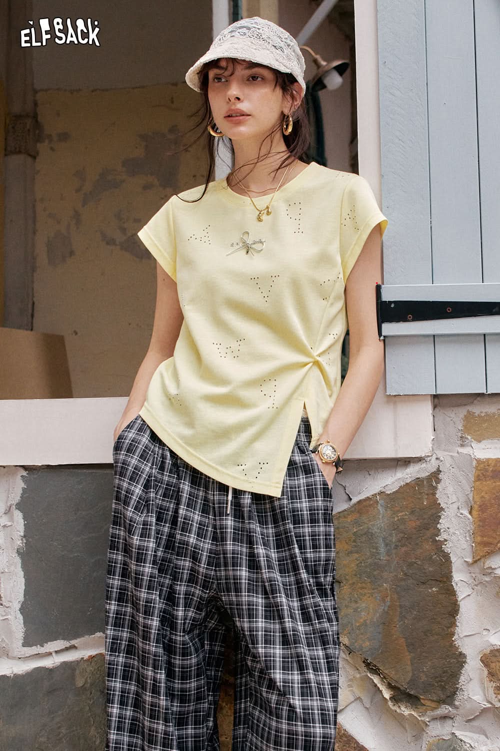 ELFSACK Irregular Waist Cinching Chic Short Sleeve T-Shirt