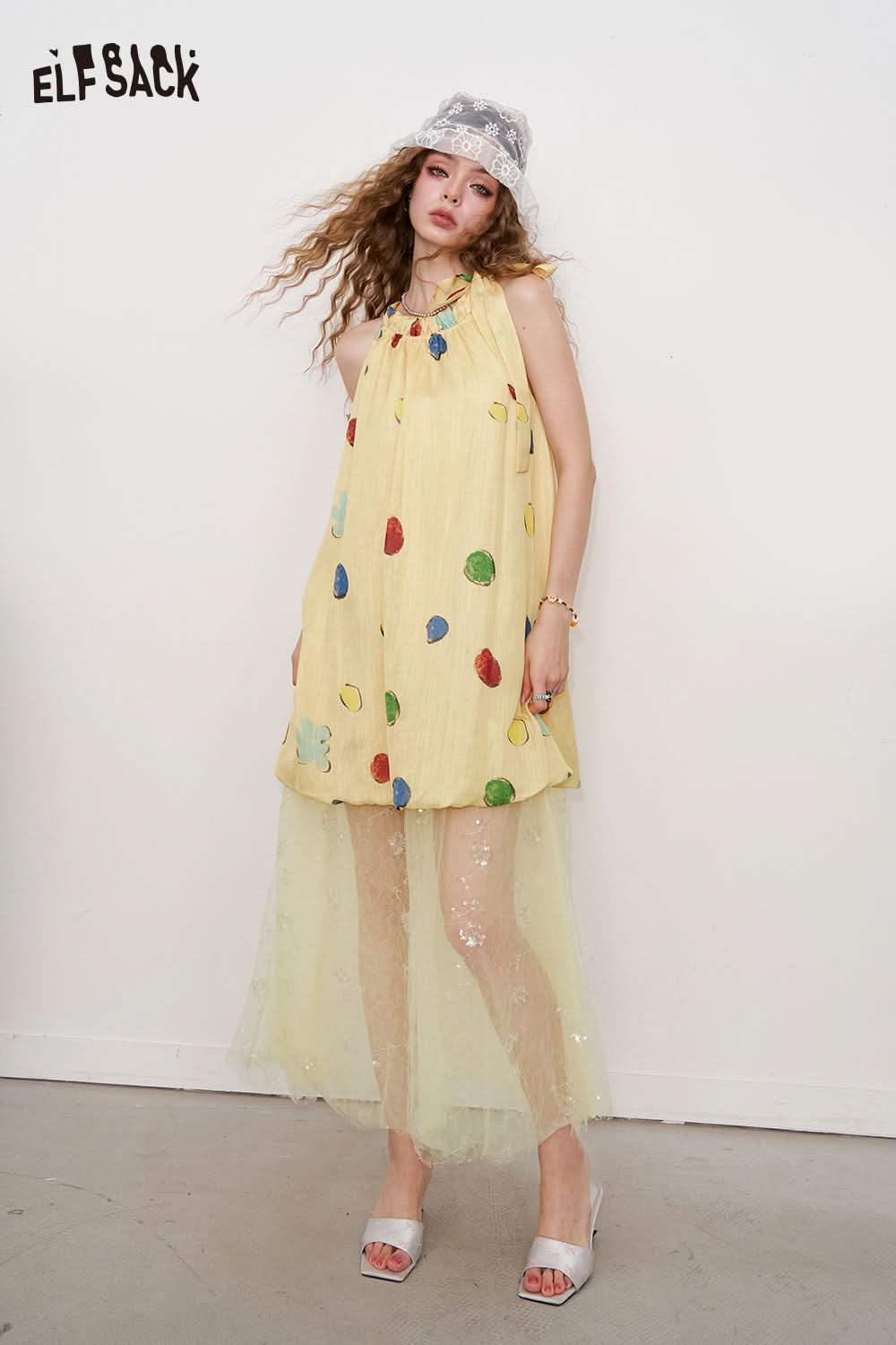ELFSACK Lace Mesh Splicing Polka Dot Neck Dress