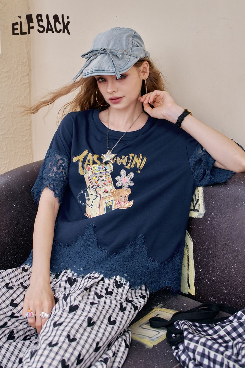 ELFSACK Lace Patchwork Casual Printed Short Sleeve T-Shirt