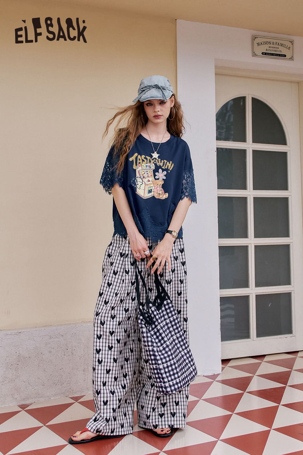 ELFSACK Lace Patchwork Casual Printed Short Sleeve T-Shirt