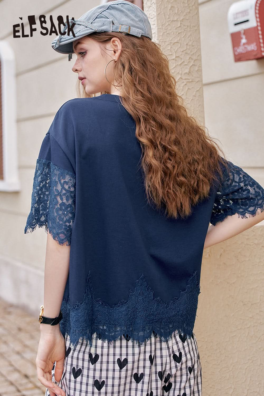 ELFSACK Lace Patchwork Casual Printed Short Sleeve T-Shirt