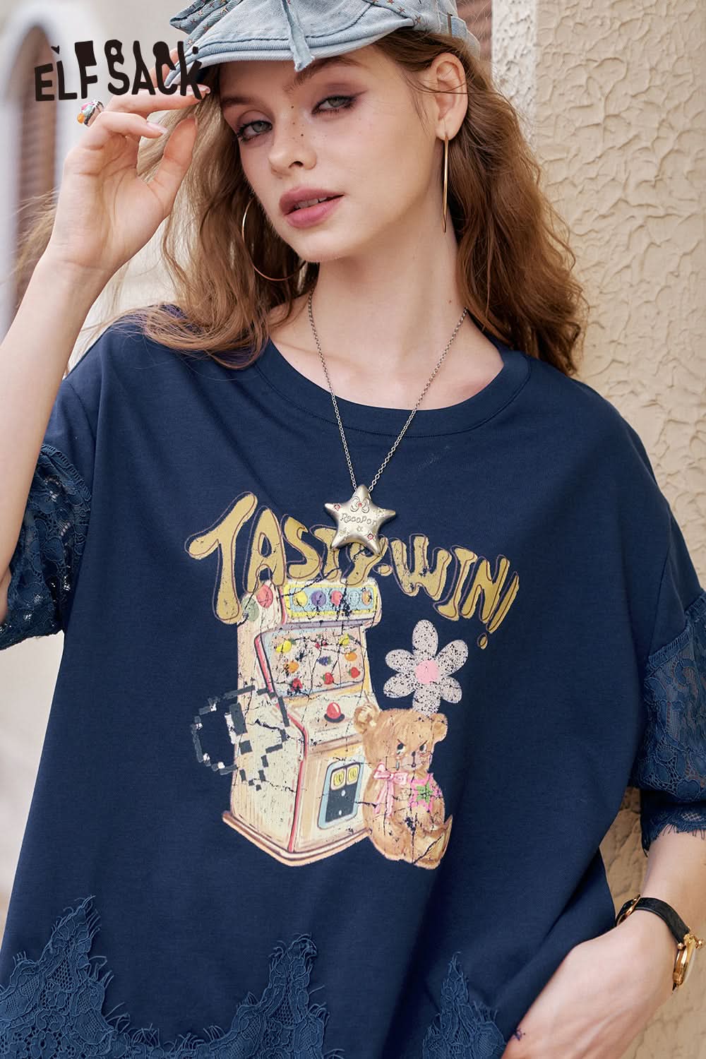 ELFSACK Lace Patchwork Casual Printed Short Sleeve T-Shirt