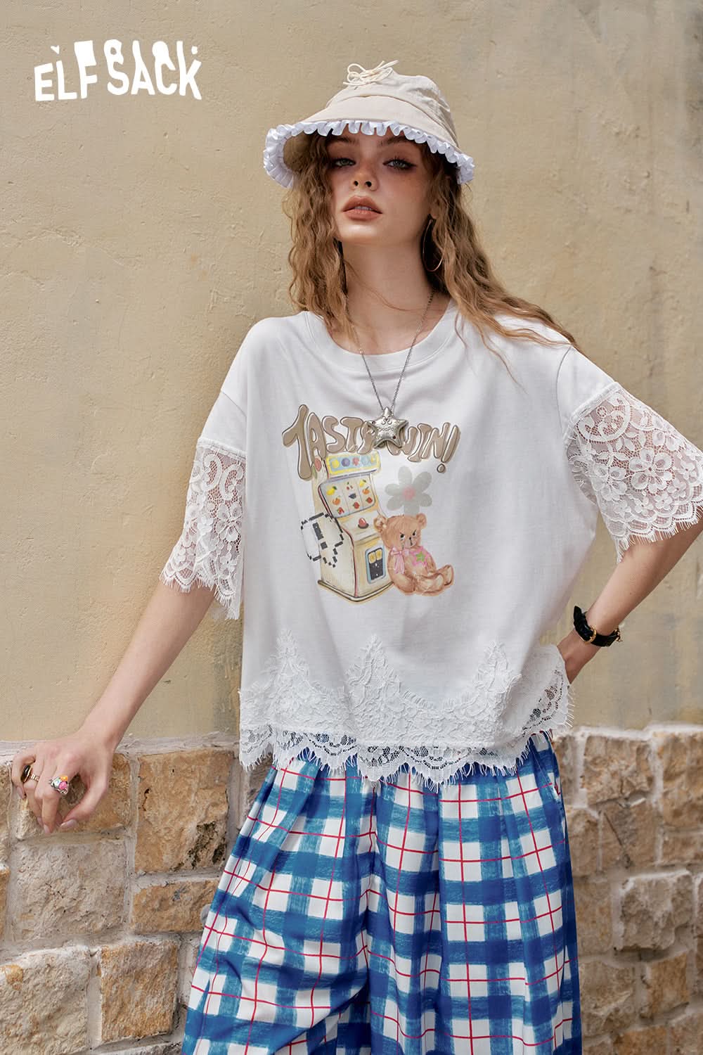 ELFSACK Lace Patchwork Casual Printed Short Sleeve T-Shirt