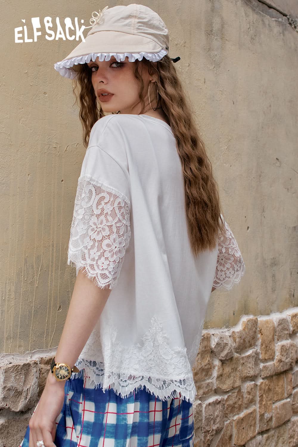 ELFSACK Lace Patchwork Casual Printed Short Sleeve T-Shirt