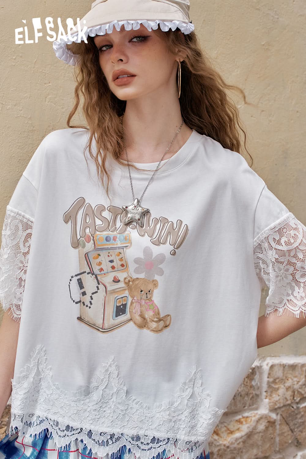 ELFSACK Lace Patchwork Casual Printed Short Sleeve T-Shirt