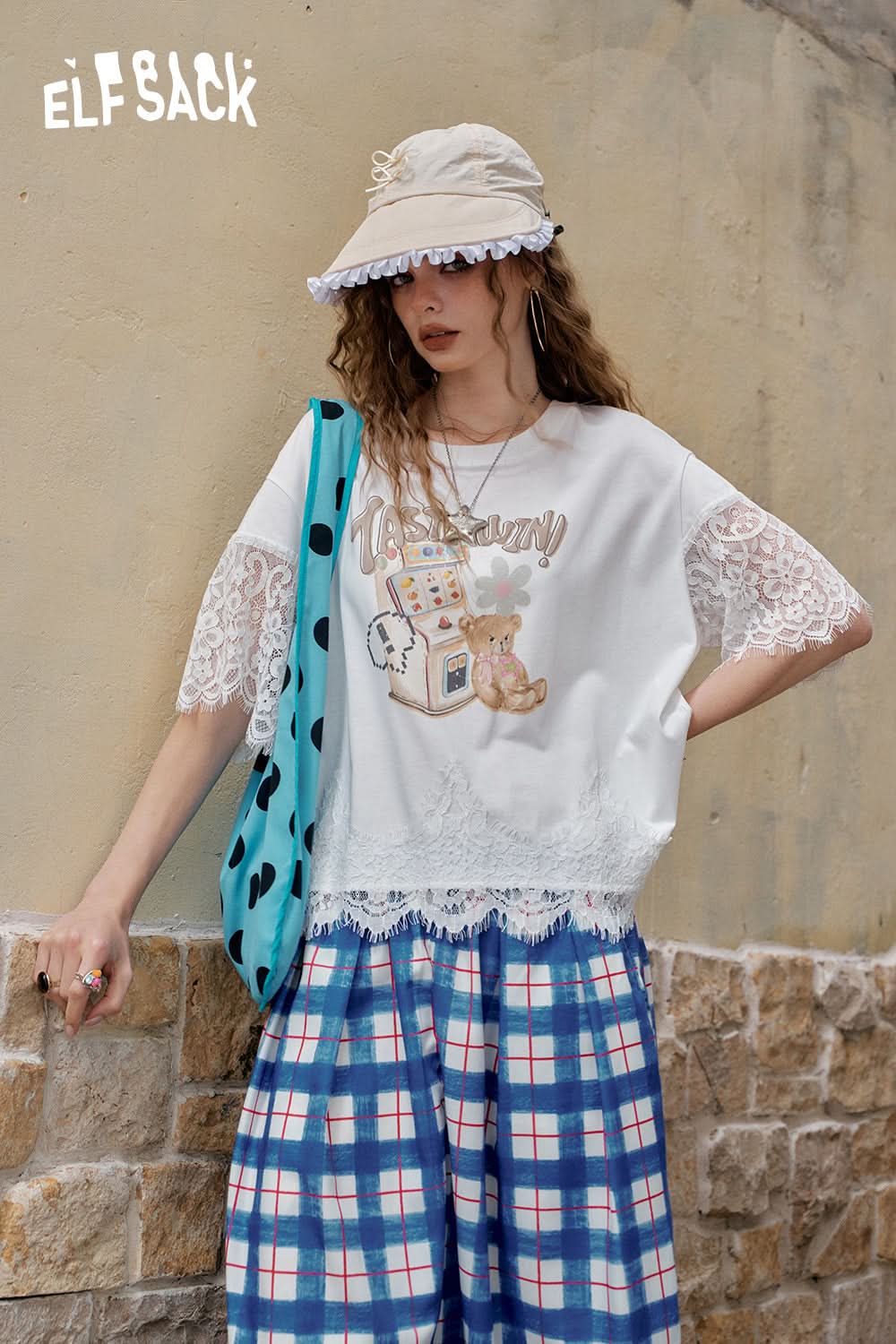 ELFSACK Lace Patchwork Casual Printed Short Sleeve T-Shirt