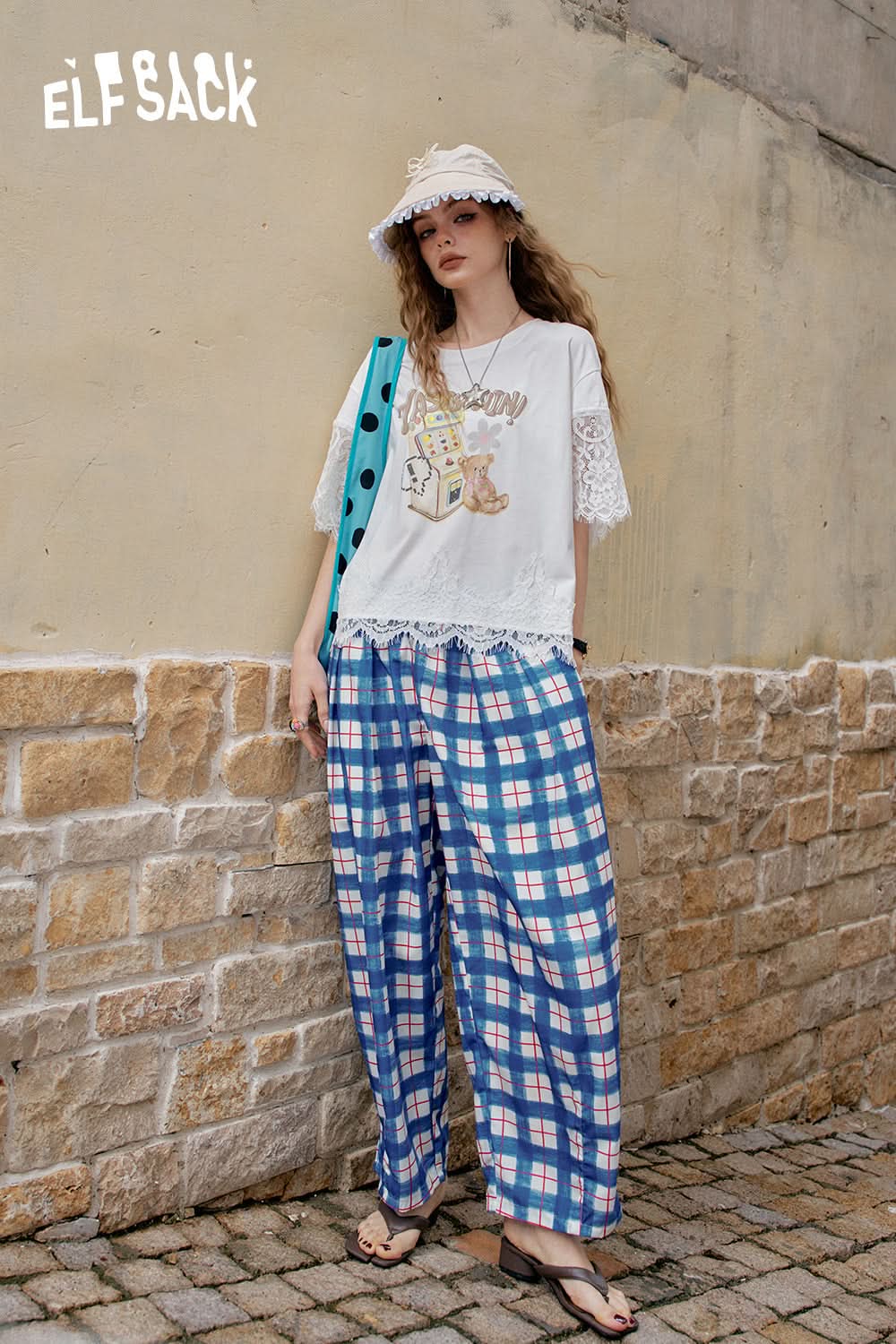 ELFSACK Lace Patchwork Casual Printed Short Sleeve T-Shirt