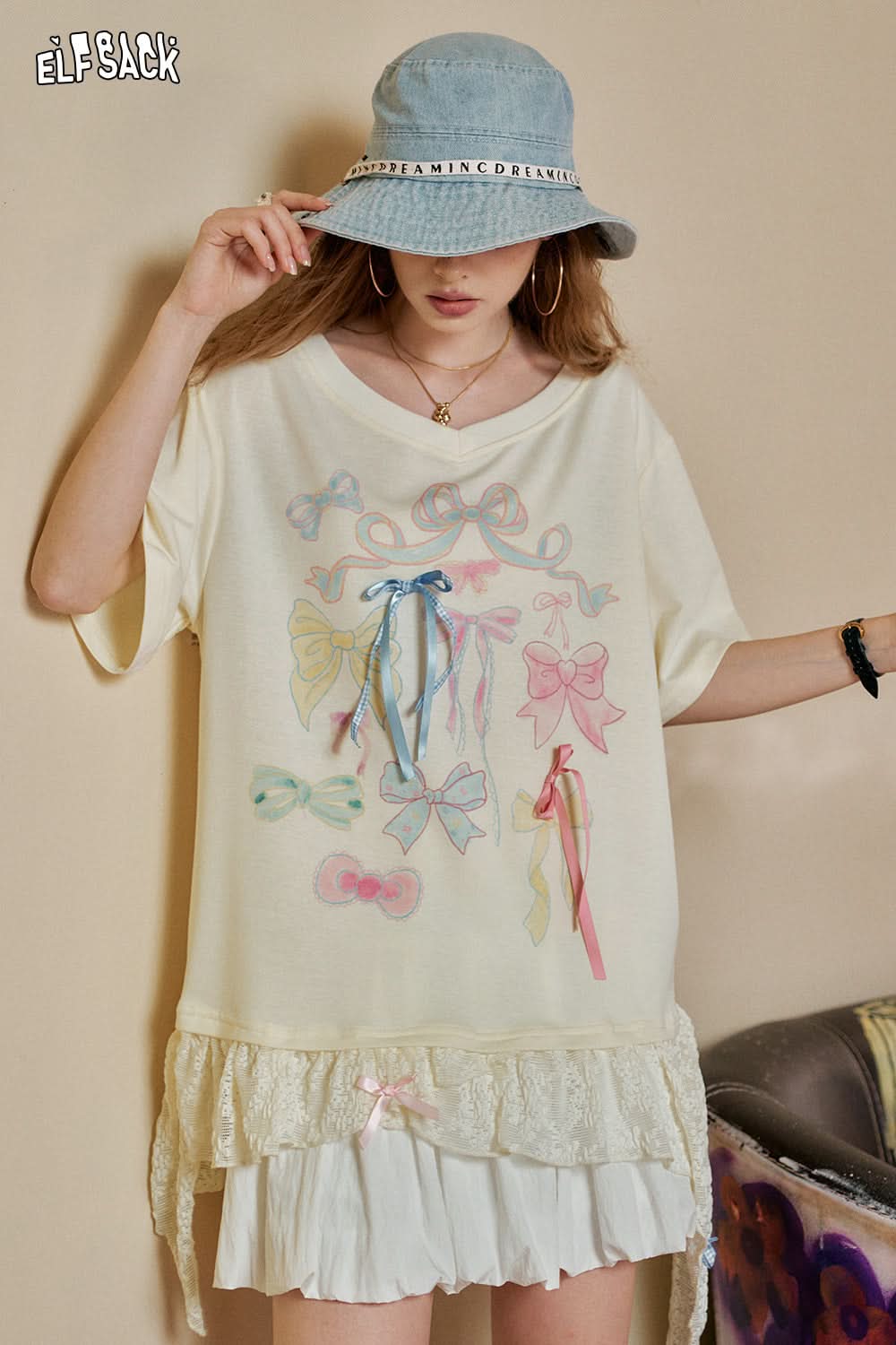 ELFSACK Lace Patchwork Pink Bow Casual Short Sleeve T-Shirt