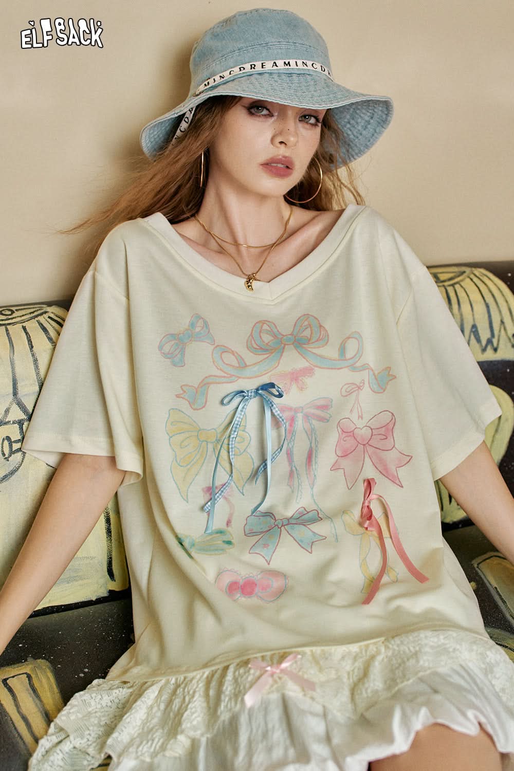 ELFSACK Lace Patchwork Pink Bow Casual Short Sleeve T-Shirt