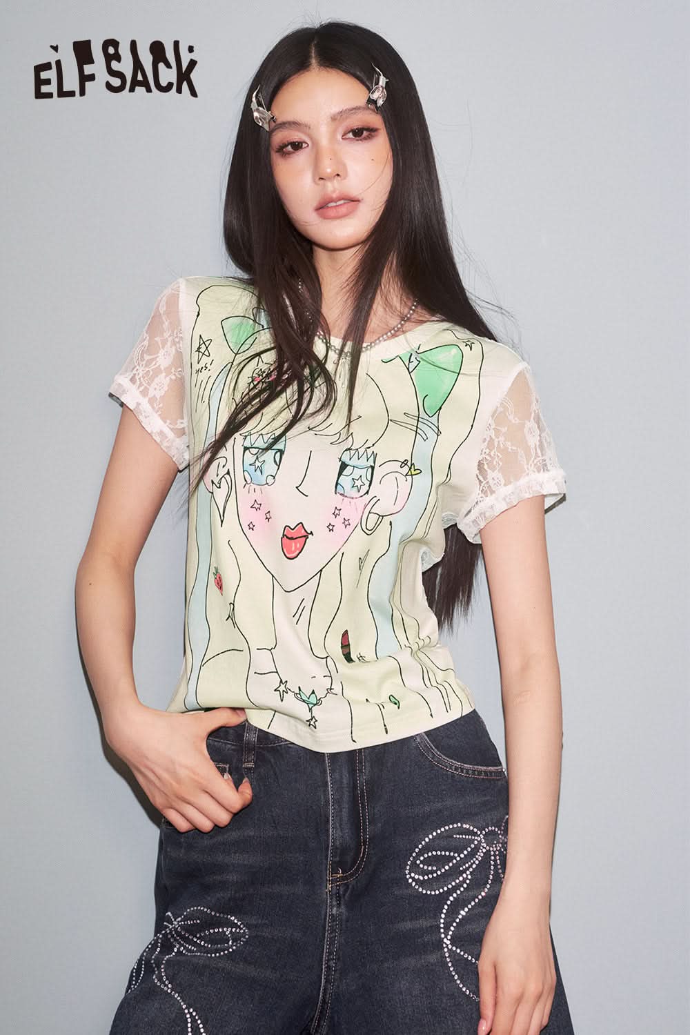 ELFSACK Lace Splicing Anime Print T Shirt