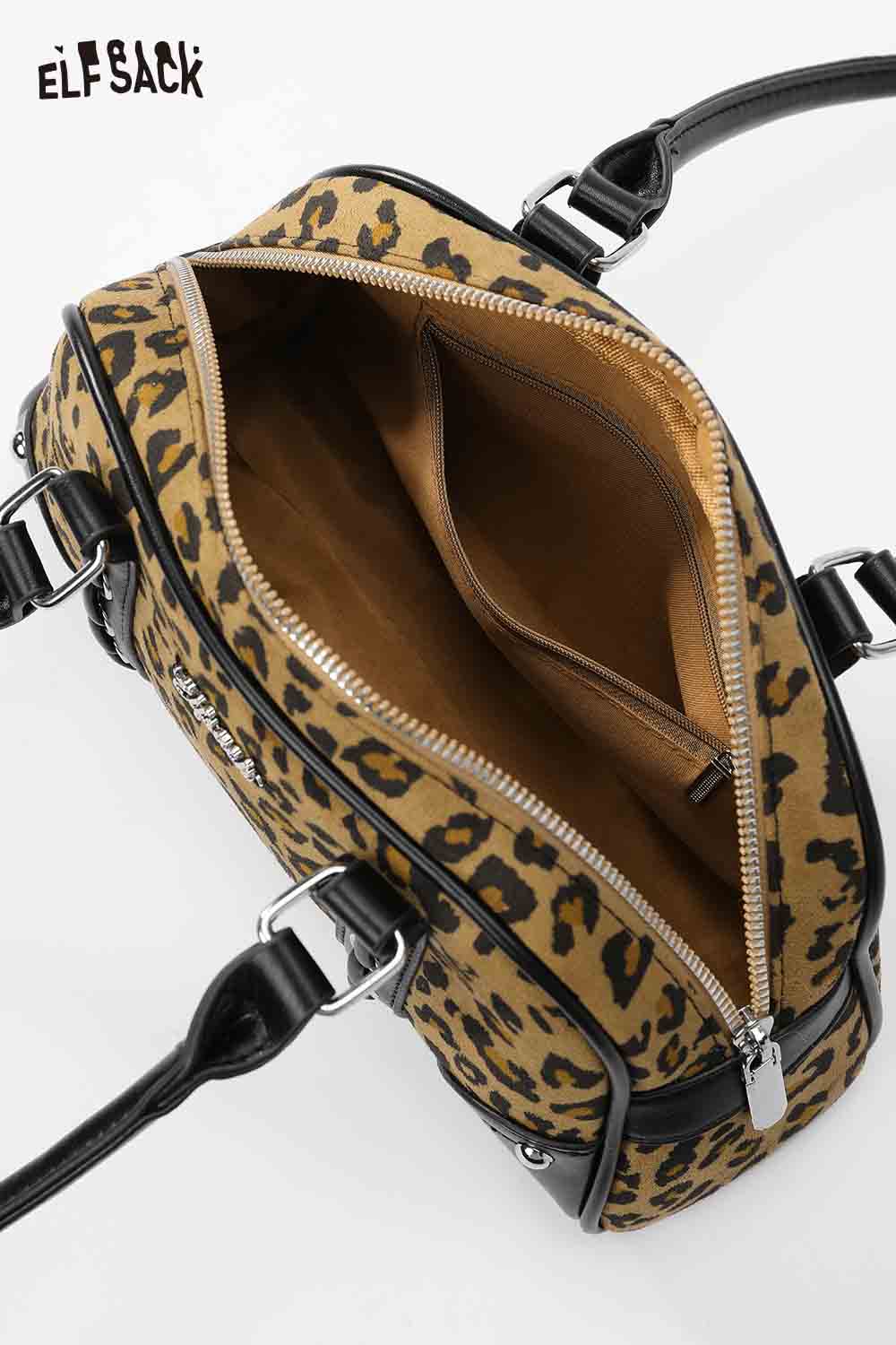 Inside view of ELFSACK leopard print crossbody bag with spacious compartments and a stylish design