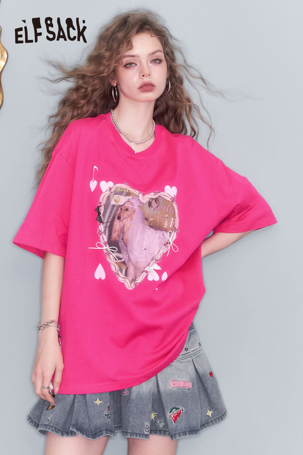 ELFSACK Loose Love Print Short Sleeve T Shirt