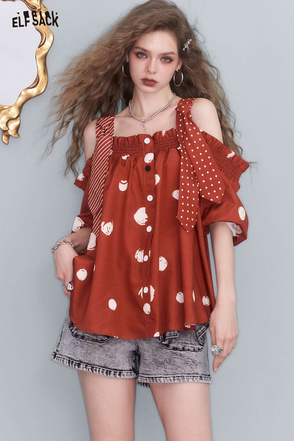 ELFSACK One Length Shoulder Polka Dot Blouse Patchwork Bubble Sleeve Short Sleeve Top