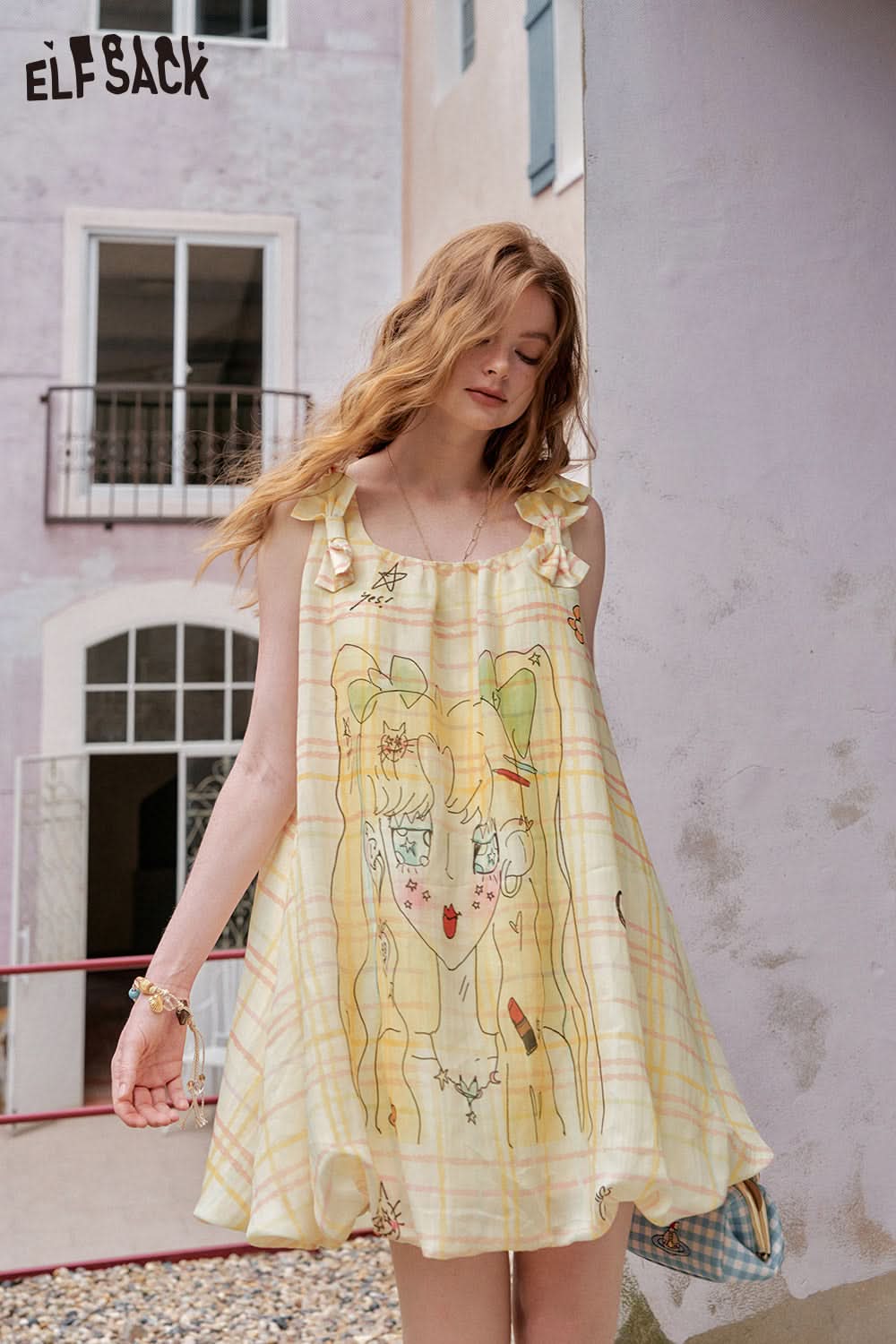 ELFSACK Original Animated Printed Bow Halter Short Dress