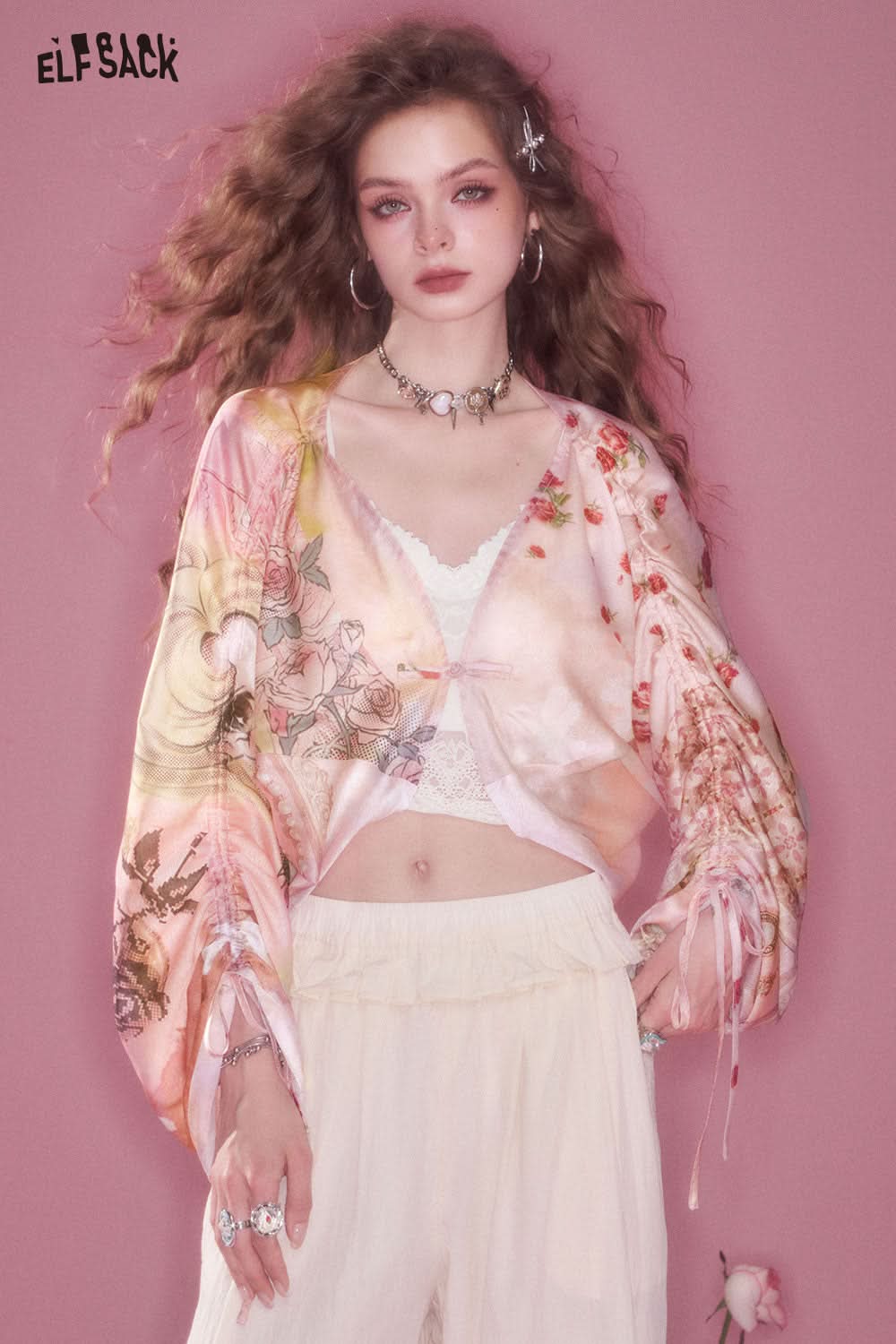 ELFSACK Original Flower Printed Pink Lightweight Cardigan Short Jacket