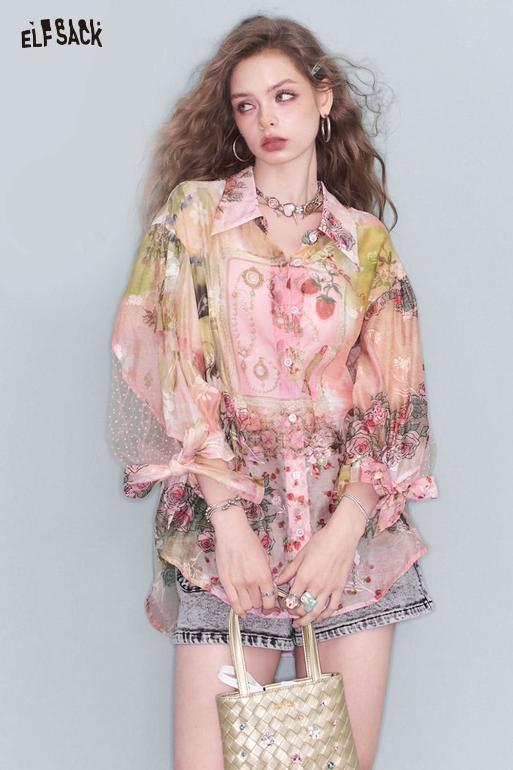 ELFSACK Original Full Print Mesh Splicing Light Lace Shirt