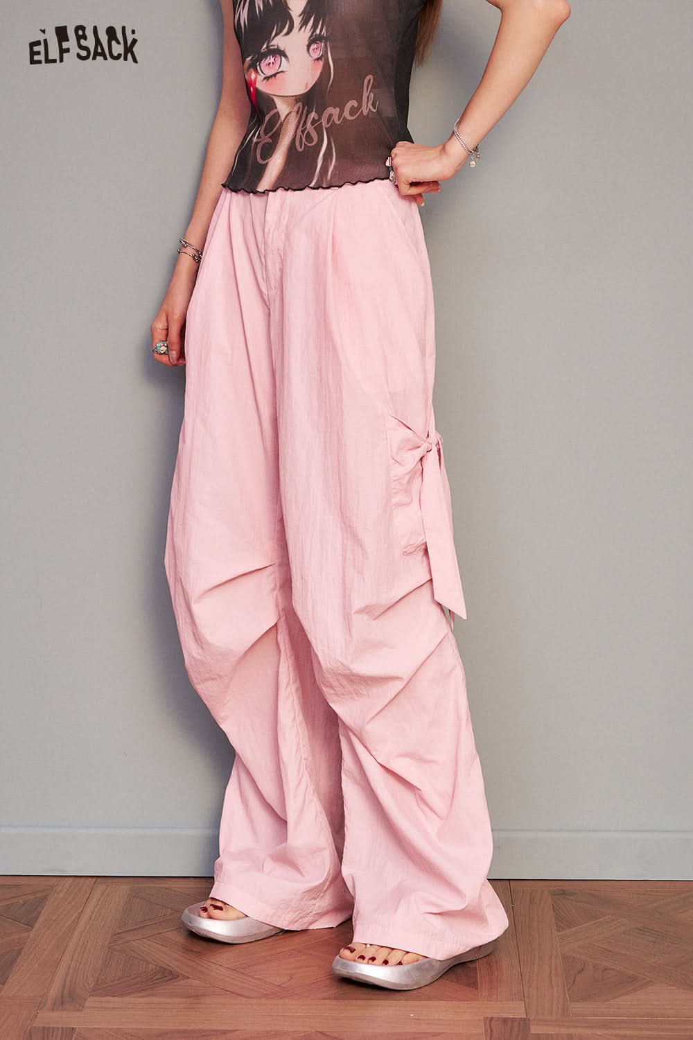 ELFSACK Pink Casual Cargo Wide Leg Pant