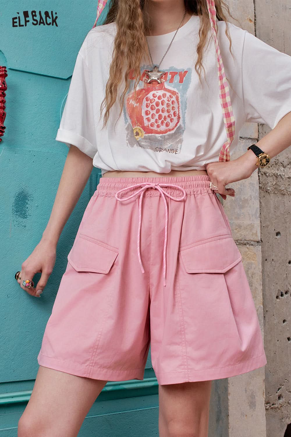 ELFSACK Pink High Waisted Casual Shorts