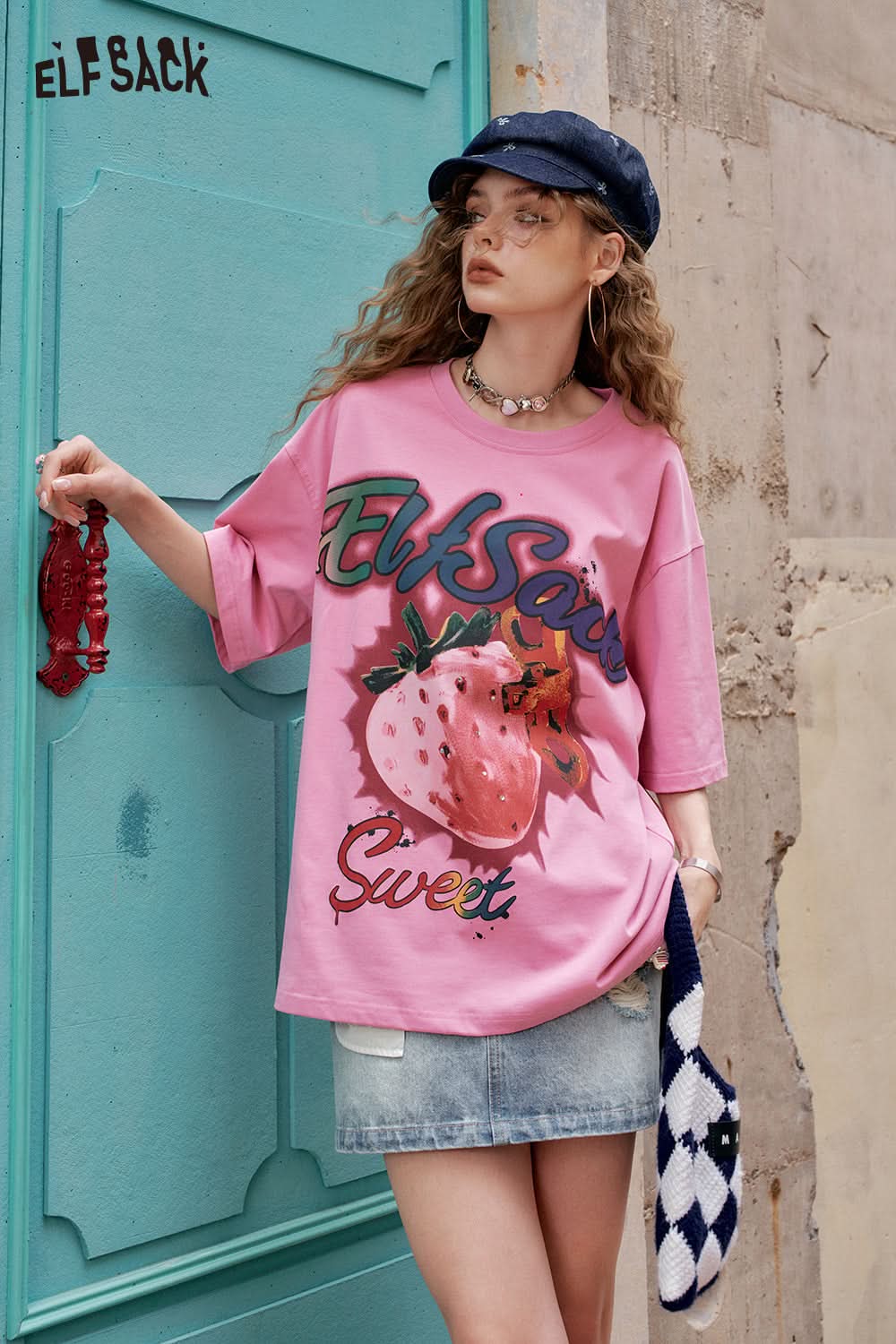 ELFSACK Pink Strawberry Letter Printed Casual Short Sleeve T-Shirt