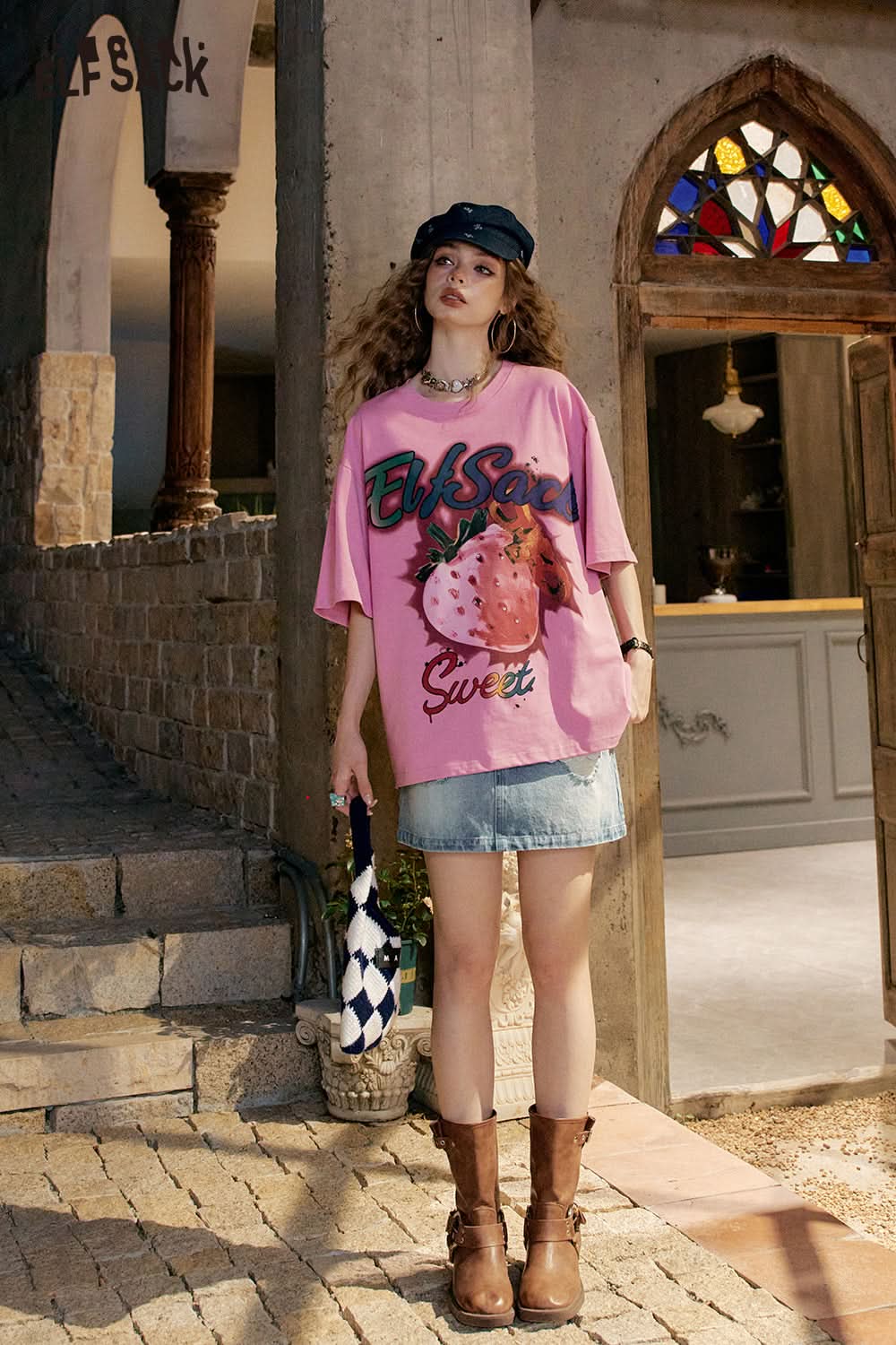 ELFSACK Pink Strawberry Letter Printed Casual Short Sleeve T-Shirt