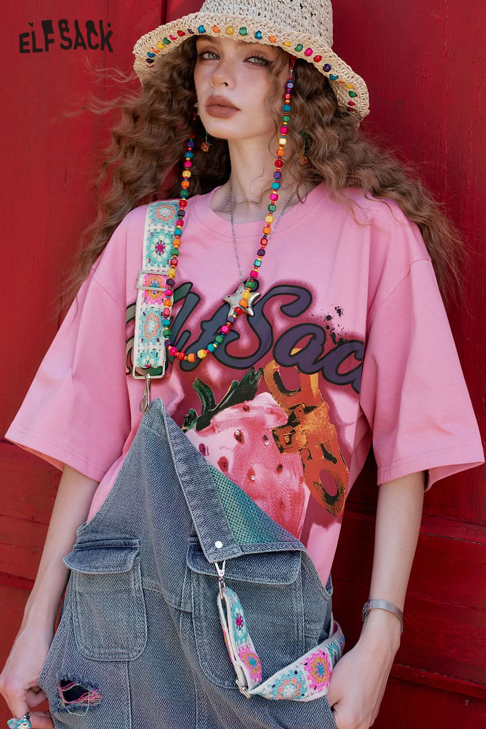 ELFSACK Pink Strawberry Letter Printed Casual Short Sleeve T-Shirt