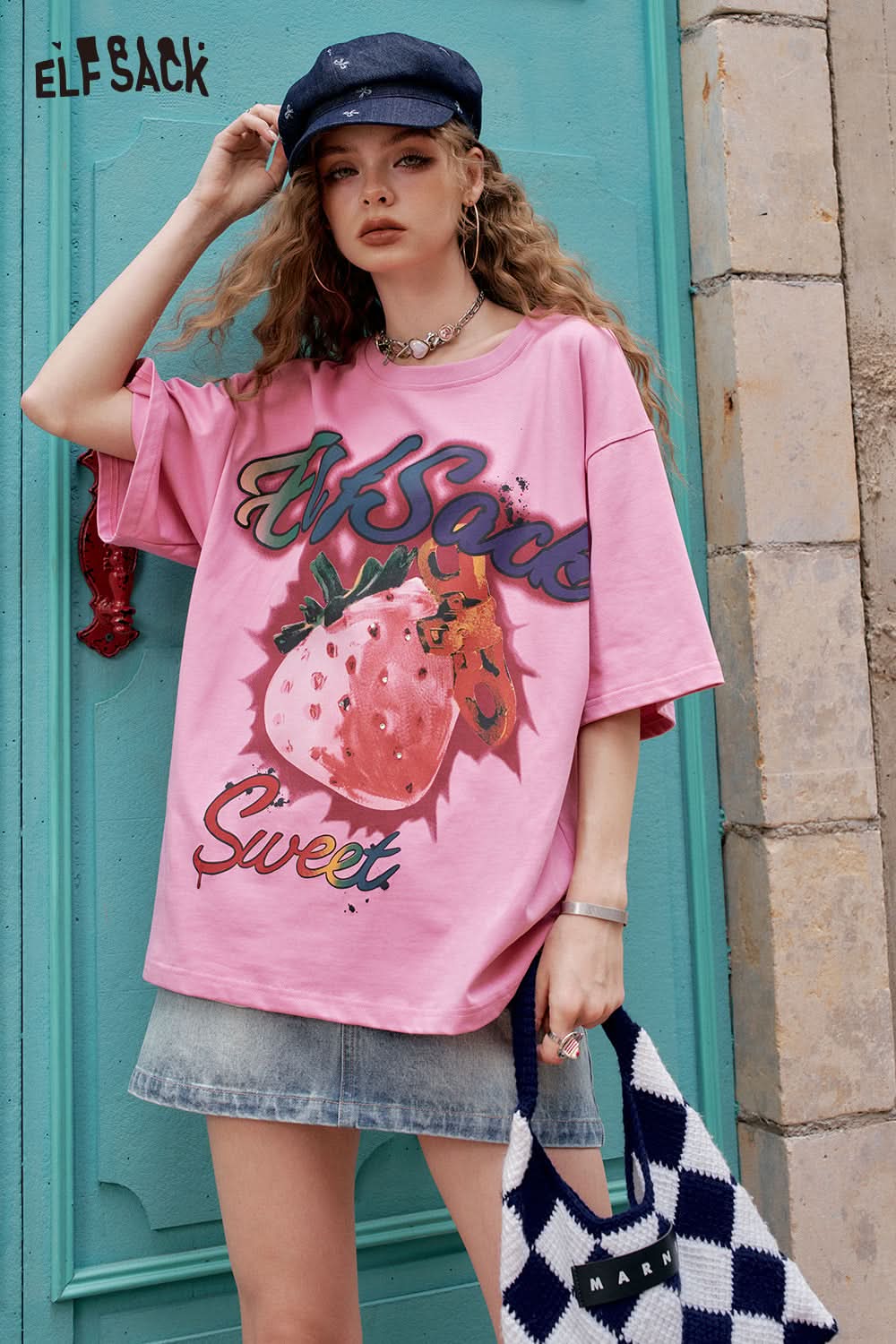 ELFSACK Pink Strawberry Letter Printed Casual Short Sleeve T-Shirt