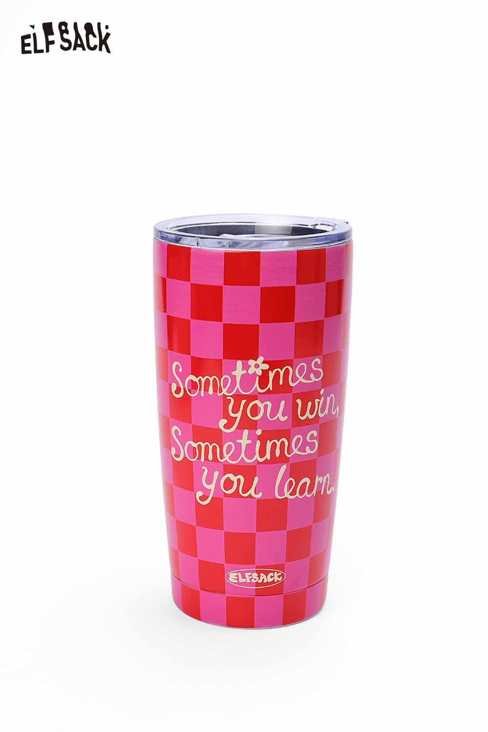ELFSACK plaid stainless steel tumbler with cheerful messaging in vibrant pink and red checks