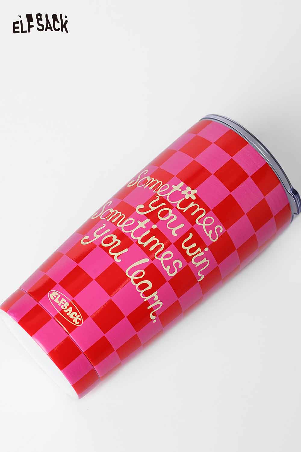 ELFSACK plaid stainless steel tumbler featuring a red and pink checkered design with motivational text