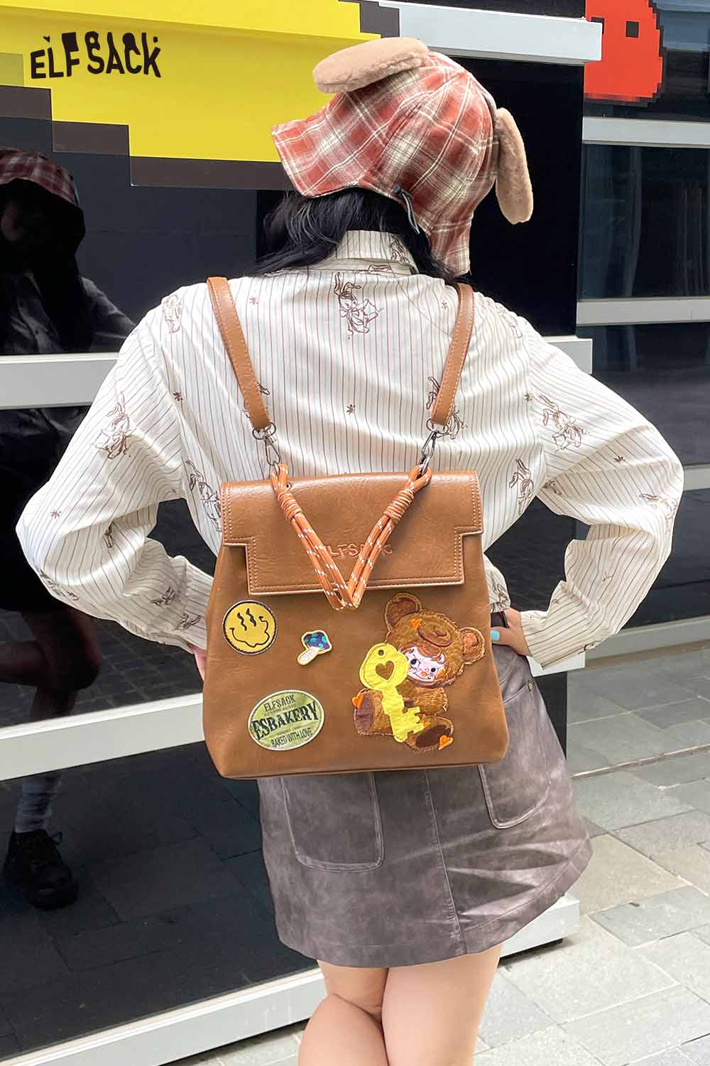 ELFSACK playful embroidery PU leather backpack with colorful patches and adjustable straps