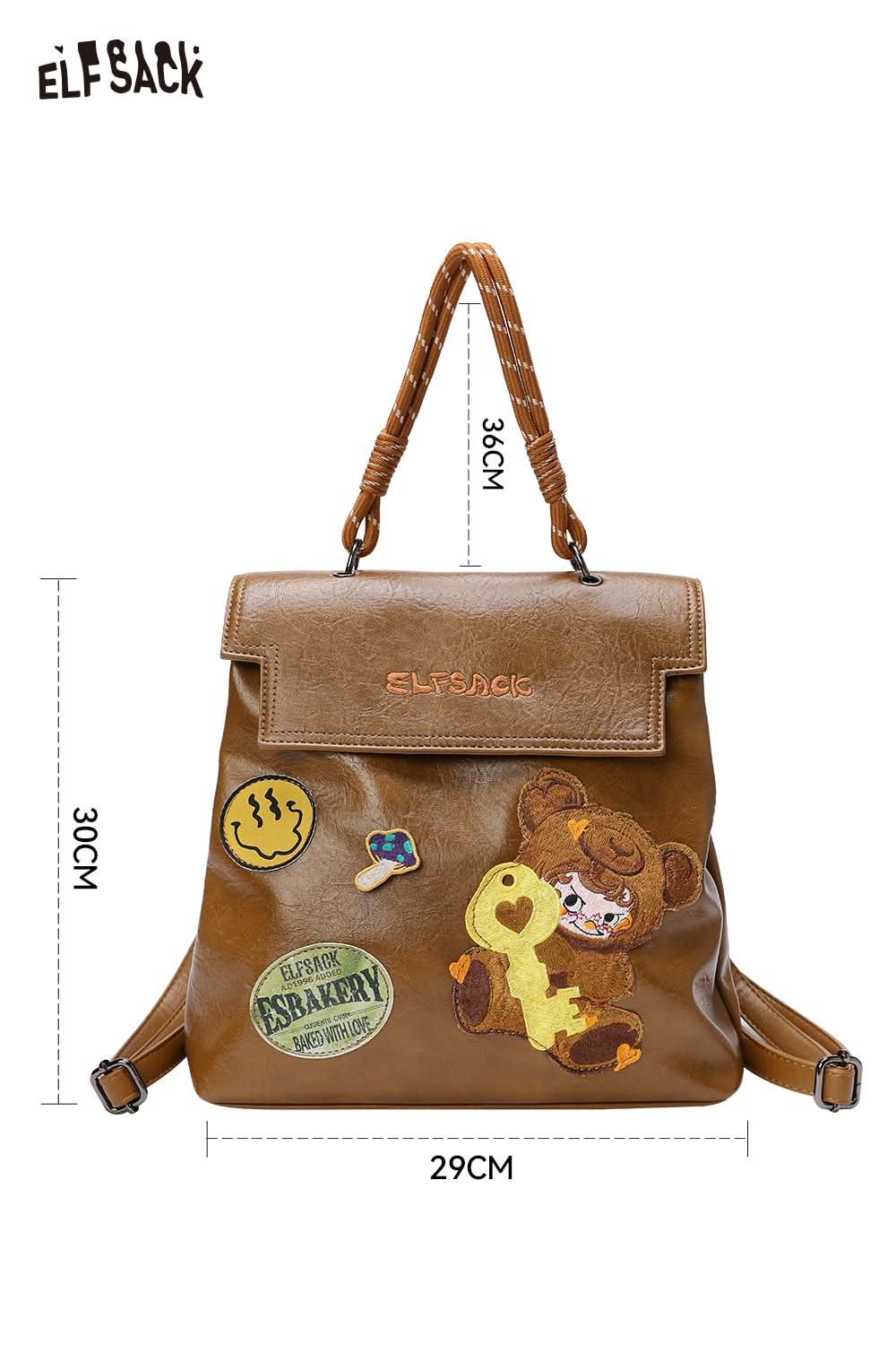 ELFSACK playful embroidery PU leather backpack with cute bear design and adjustable straps