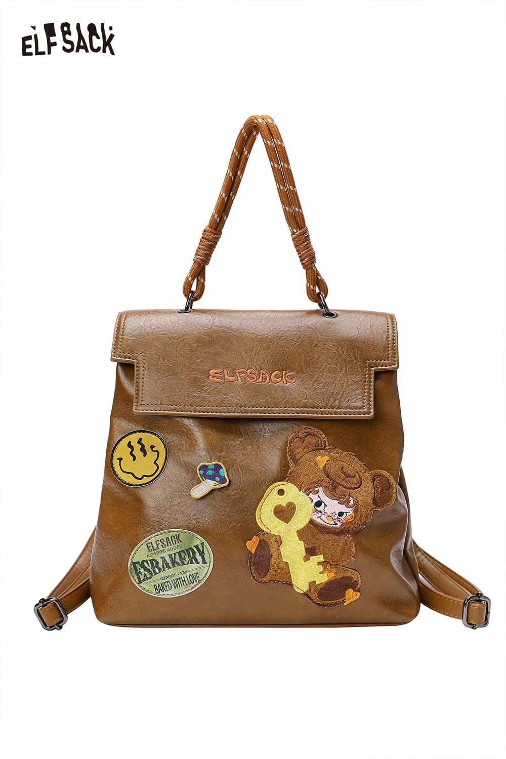 Playful embroidery PU leather backpack featuring cute bear and colorful patches by ELFSACK