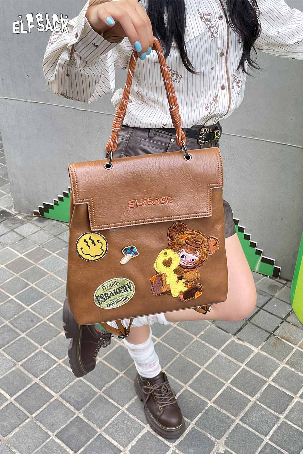 ELFSACK playful embroidery PU leather backpack with colorful patches and sturdy handles