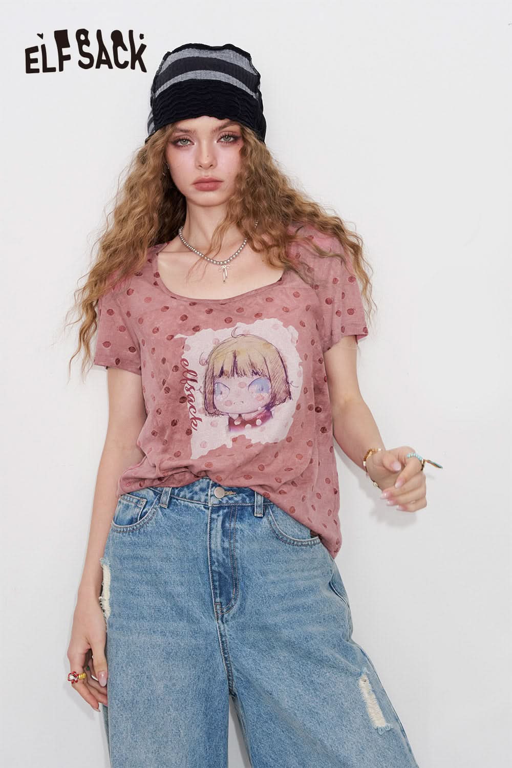 ELFSACK Polka Dot Cartoon Print Short Sleeve T-Shirt