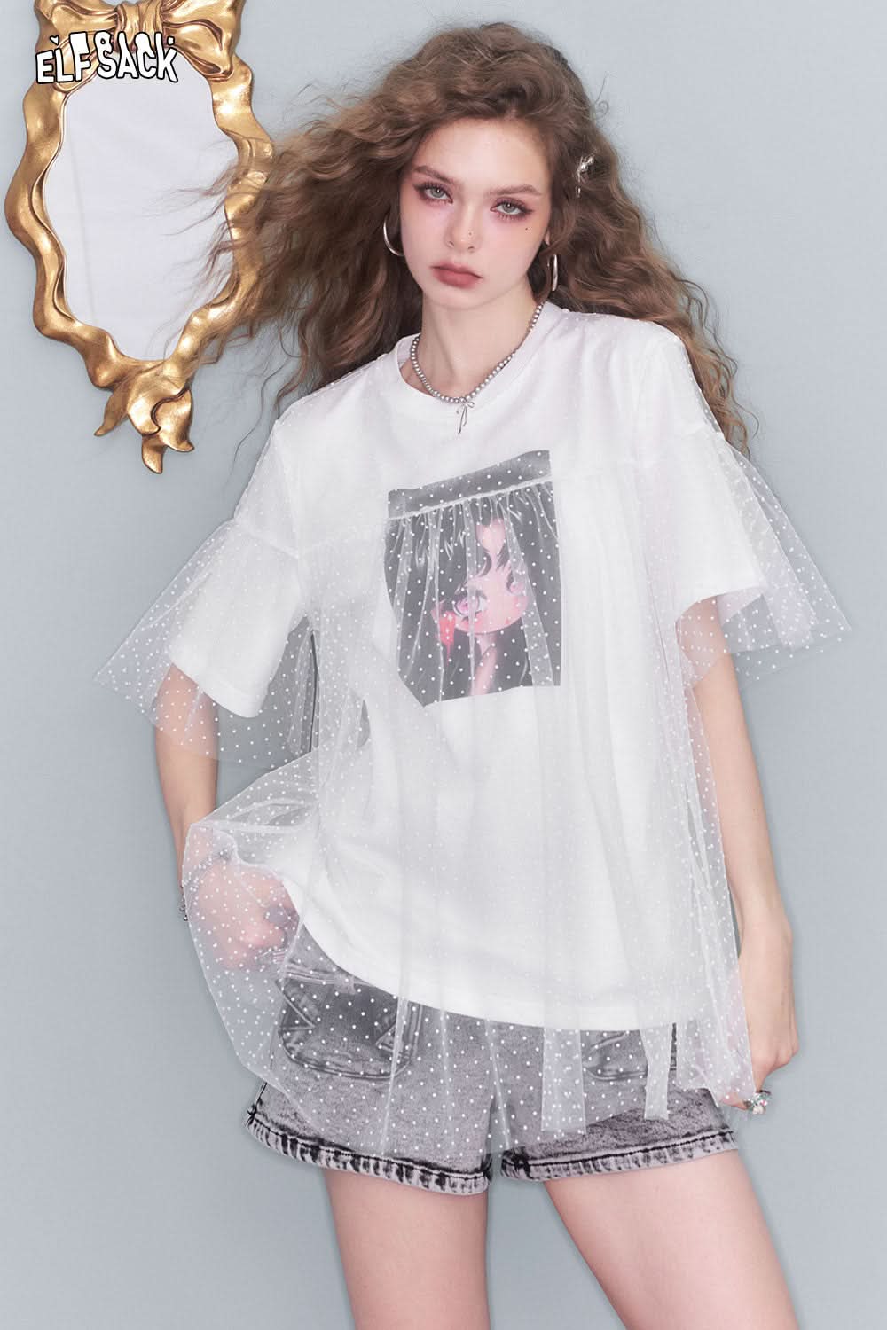 ELFSACK Polka Dot Mesh Patchwork White Animated Printed Loose T Shirt