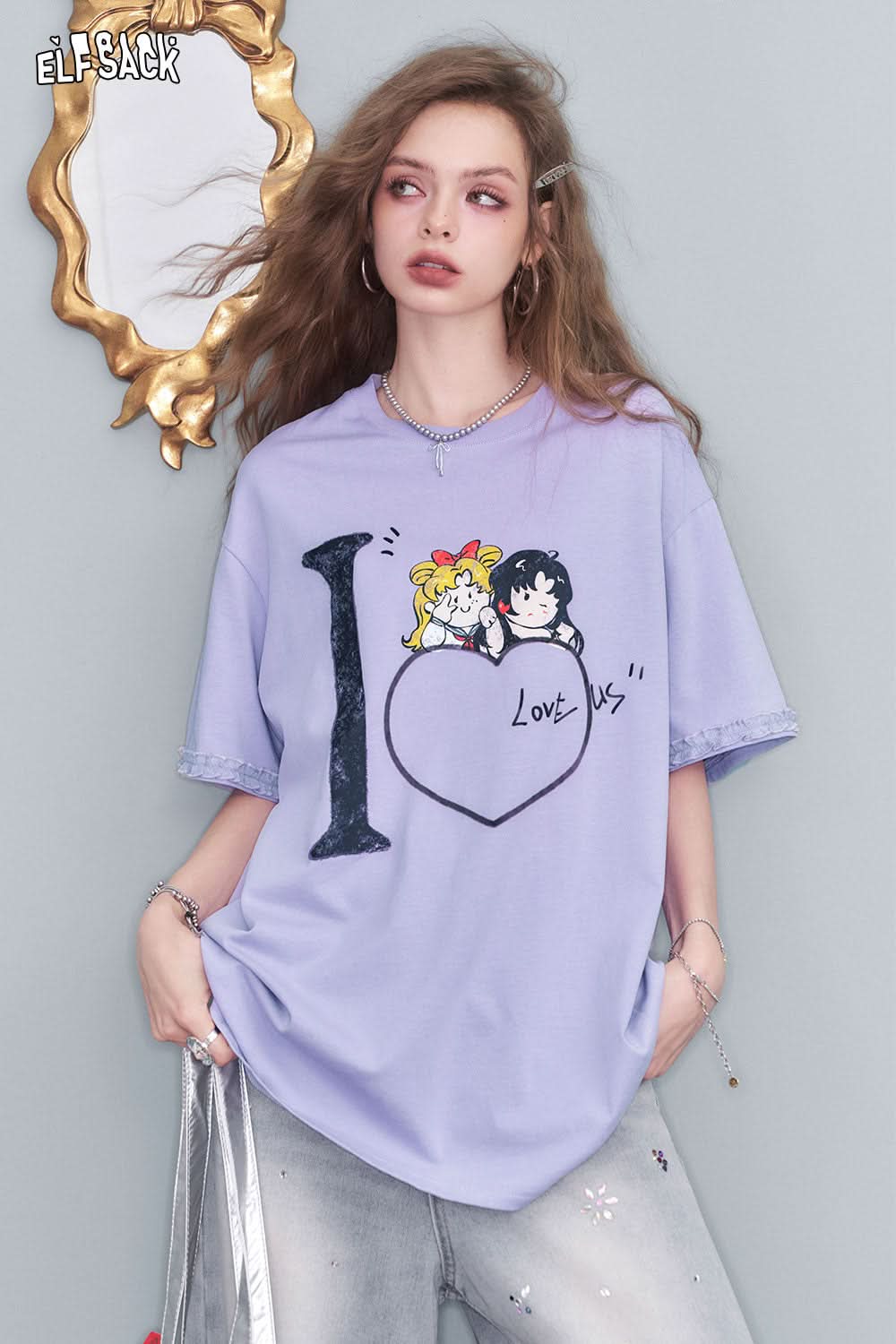 ELFSACK Printed Short Sleeve T Shirt Loose Casual Design Top