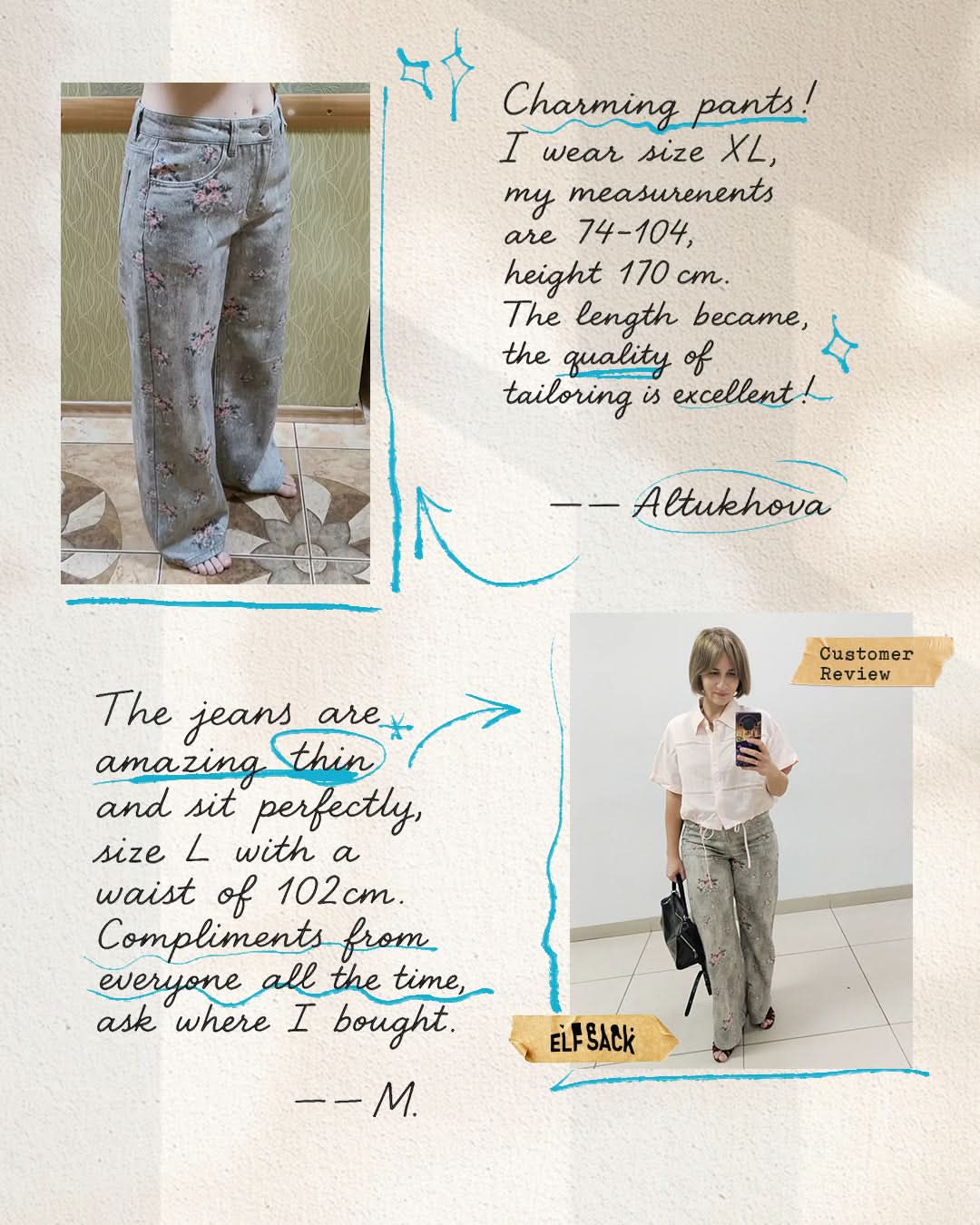 ELFSACK retro flower print wide leg jeans with a stylish design and comfortable fit as shown in customer reviews