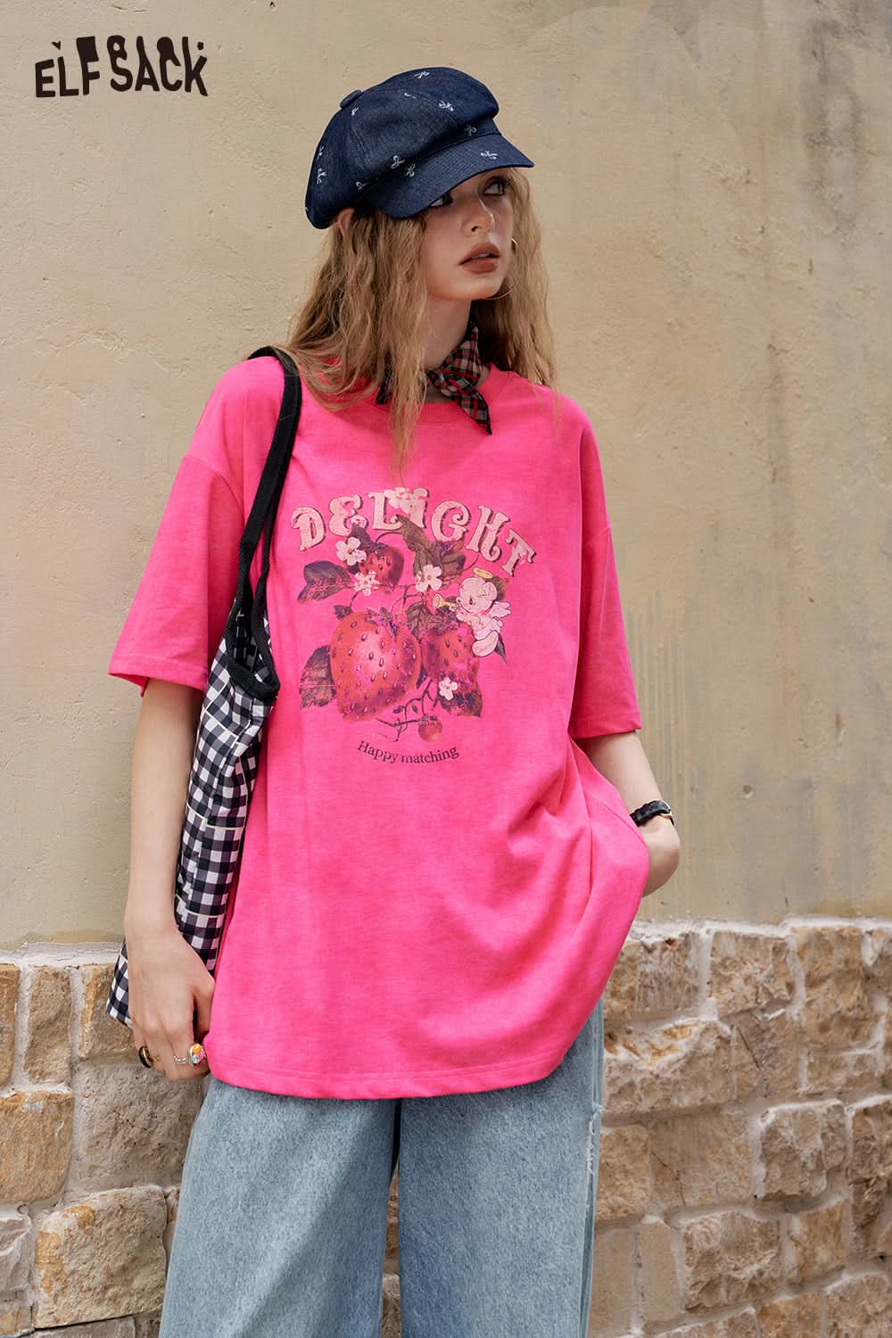 ELFSACK Retro Strawberry Print Casual Short Sleeve T-Shirt